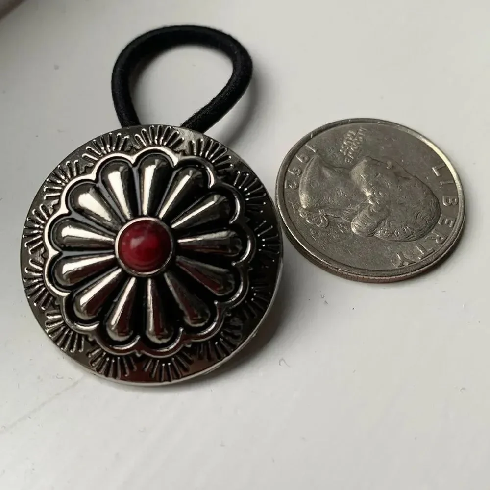 Kids Concho Hair Tie – Small Western Medallion with Red Accent Stone